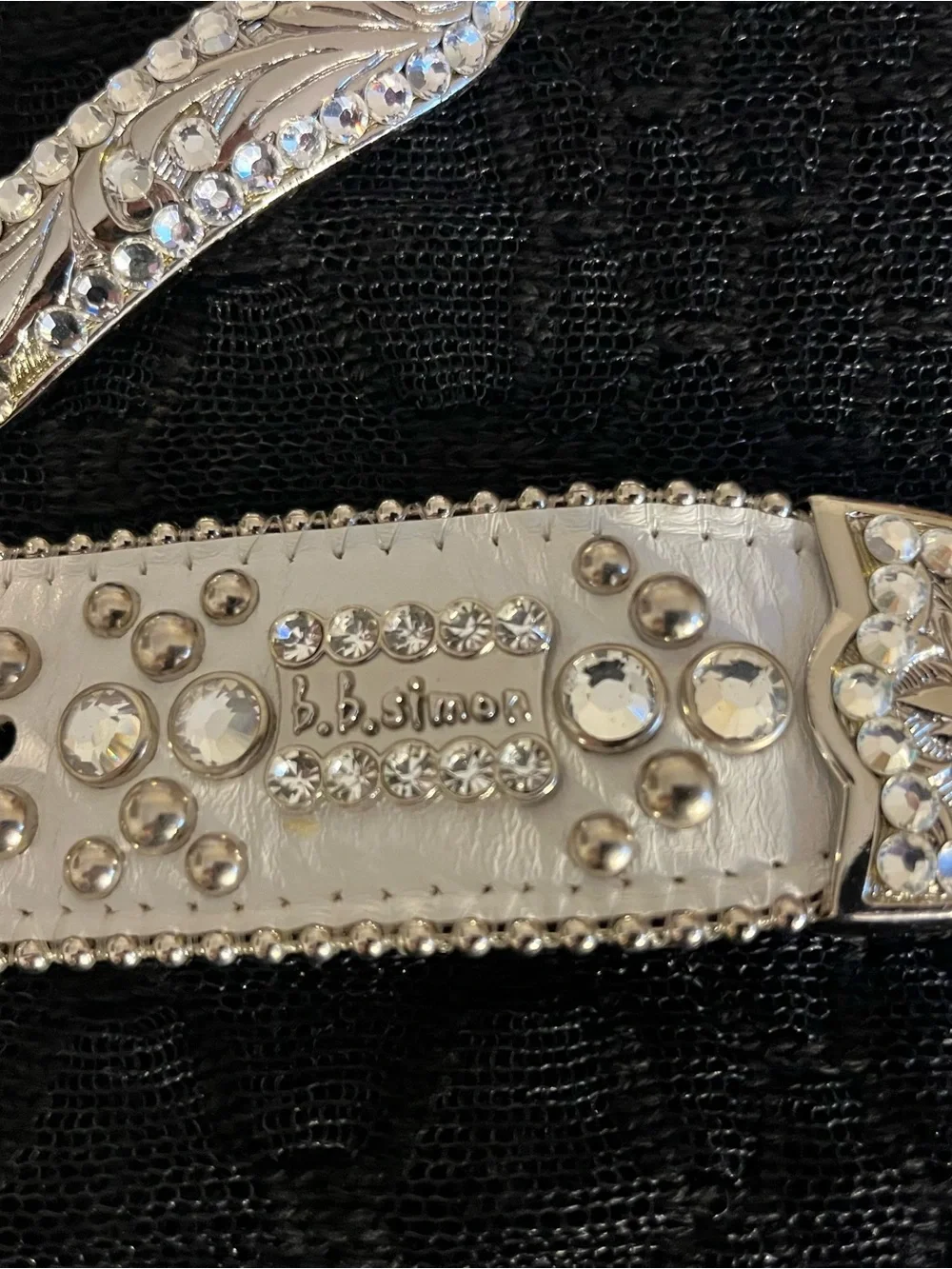 B.B. Simon Crystal-Studded Leather Belt with Rhinestone Buckle